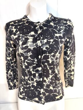 J.Crew Black Cream Floral Wool Cardigan Sweater XS Fitted Button Front